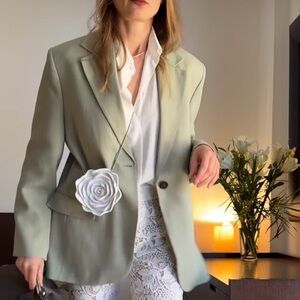 Zara ZW Linen Blend Oversized Relaxed Fit Minimalist Sage Green Blazer NWT S